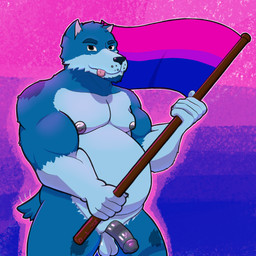 anthro balls bisexual_pride_colors blue_body blue_fur flag flag_(object) fur genitals holding_object lgbt_pride looking_at_viewer male nipples nude overweight overweight_male penis pride_colors smile solo tail tongue tongue_out dumbassgale lgbt_pride_month animal_humanoid canid canine canis domestic_dog humanoid mammal 1:1 absurd_res hi_res