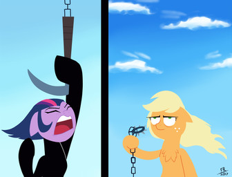 angry clothing dangling duo eyes_closed female feral kusarigama parody split_screen weapon yelling feralroku friendship_is_magic hasbro my_little_pony samurai_jack applejack_(mlp) ashi_(samurai_jack) daughters_of_aku samurai_jack_(character) twilight_sparkle_(mlp) equid equine horse mammal pony 2017 crossover