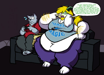 anthro arm_hair belly big_belly blonde_hair body_hair controller dialogue duo eyewear fur furniture game_controller glasses grey_body grey_fur hair horn male moobs nervous obese obese_male overweight overweight_male sitting sofa text weight_gain white_body white_fur justemockroach deltarune undertale undertale_(series) asriel_dreemurr bovid caprine goat mammal hi_res