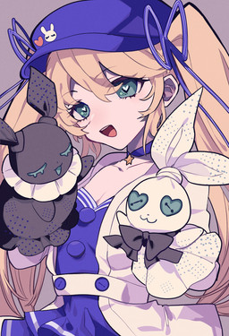 anthro black_body blonde_hair blue_eyes button_(fastener) button_eyes clothing collar female green_eyes group hair hand_puppet happy hat headgear headwear heart_eyes heart_symbol light-skinned_female light_body light_skin mascot puppet ribbons simple_background trio twintails_(hairstyle) white_body tnoh6666 vtuber bao_bao_(dokibird) dokibird mei_mei_(dokibird) human lagomorph leporid mammal rabbit 2020 digital_media_(artwork) hi_res