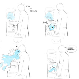 4_panel_comic ambiguous_gender anthro biped blue_body blush dialogue duo eyes_closed kissing male male/ambiguous text water water_cooler murace4 deltarune undertale_(series) anon elemental_creature human mammal mizzle_(deltarune) water_creature 1:1 2025 digital_media_(artwork) english_text hi_res