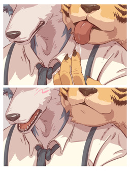 anthro anthro_on_anthro bathroom biped blush bodily_fluids brown_body brown_fur claws clenched_teeth clothed clothed_anthro clothed_male clothing dripping duo finger_claws fingers fur grey_body grey_fur inside interspecies male male/male markings necktie orange_body orange_fur saliva saliva_drip shy striped_markings stripes surprised teeth tongue tongue_out uniform white_body white_fur sadness_hao beastars bill_(beastars) legoshi_(beastars) canid canine canis felid mammal pantherine tiger wolf absurd_res colored comic hi_res multiple_scenes shaded