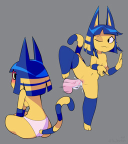 anthro bangs blue_eyes bodily_fluids breasts butt clothed clothing cum cum_in_vagina cum_inside disembodied_penis duo female female_penetrated genital_fluids genitals grey_background looking_back male male/female male_penetrating male_penetrating_female markings nipples one_eye_closed one_leg_up panties penetration penile penile_penetration penis penis_in_vagina raised_leg rear_view sex simple_background sitting solo striped_markings striped_tail stripes tail tail_markings topless underwear vaginal vaginal_penetration yellow_inner_ear lentin animal_crossing nintendo ankha_(animal_crossing) domestic_cat felid feline felis mammal 2023 absurd_res digital_media_(artwork) hi_res