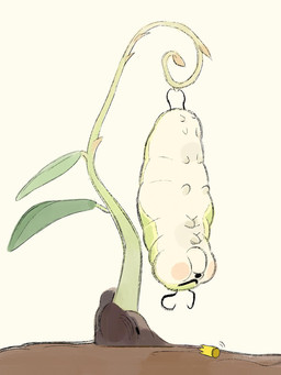 4_arms 6_legs ambiguous_feral ambiguous_gender black_nose black_tentacles blush blush_stickers crown dirt eyebrows eyeless featureless_feet featureless_hands feet feral front_view gold_crown green_markings hanging_by_tail headgear leaf markings multi_arm multi_limb multicolored_body pink_blush plant solo tail tentacle_tail tentacles unusual_anatomy unusual_tail upside_down white_body young young_ambiguous young_feral radically_napping disney hoppers_(disney) pixar titus_(hoppers) arthropod caterpillar insect larva 3:4 hi_res official_art sequence