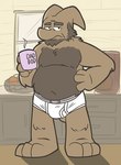anthro beard belly briefs brown_body brown_fur brown_hair clothed clothing coffee_cup cole_(goronic) container cup english_text facial_hair footprint frown fur hair hand_on_side heyitscousindave male overweight overweight_male pawprint shadow sideburns slightly_chubby solo text tighty_whities underwear underwear_only white_briefs white_clothing white_underwear