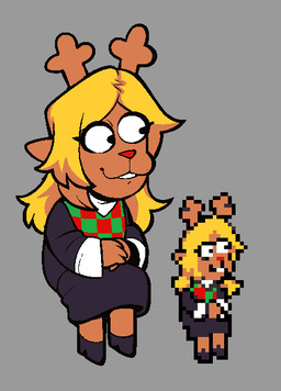 anthro antlers blonde_hair brown_antlers brown_body brown_ears brown_fur buckteeth checkered checkered_clothing checkered_topwear clothed clothed_anthro clothed_female clothing cloven_hooves constricted_pupils excited female female_anthro fur grey_background hair hooves horn looking_aside pattern_clothing pattern_topwear pupils red_nose simple_background sitting slim slim_anthro slim_female small_pupils smile solo teeth topwear white_sclera wide_eyed conditional_dnp welwraith deltarune undertale_(series) noelle_holiday deer lightner mammal new_world_deer reindeer 2025 aliasing binary_drawing digital_drawing_(artwork) digital_media_(artwork) english_description full-length_portrait official_art pixel_(artwork) portrait redraw reference_image