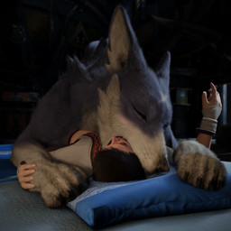 ambiguous_gender back_tuft bed blurred_background blush cheek_tuft claws close-up clothed clothing deep_kiss detailed_background duo ear_tuft extreme_french_kiss eyelashes eyes_closed facial_tuft feral fingers fluffy french_kissing fur furniture hair inner_ear_fluff inside kissing larger_ambiguous larger_feral lying making_out male mount/rider_relations multicolored_body multicolored_fur night on_back on_bed on_front on_top open_mouth paws pillow pinned pinned_to_bed purple_body purple_fur raised_hand size_difference smaller_human smaller_male topwear tuft two_tone_body two_tone_fur whiskers white_body white_fur ivorylagiacrus thepasserbye capcom monster_hunter canyne human mammal palamute 1:1 2026 3d_(artwork) artist_collaboration blender_(artwork) blender_eevee_(artwork) digital_media_(artwork) hi_res widescreen female_(lore)