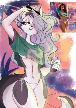 5_fingers abstract_background anthro beverage beverage_can bikini bikini_thong breasts clothed clothing cosplay crop_top crossover_cosplay eyelashes eyewear eyewear_on_head female fingers fluffy fluffy_tail front_view fur grey_body grey_fur grey_hair hair hair_over_eye long_hair long_tail looking_at_viewer multicolored_body multicolored_fur navel red_sclera shirt side-tie_bikini skimpy skimpy_bikini small_waist solo string_bikini sunglasses sunglasses_on_head swimwear t-shirt tail teal_clothing teal_crop_top teal_shirt teal_t-shirt teal_topwear topwear two-piece_swimsuit two_tone_body two_tone_fur under_boob wearing_sunglasses white_bikini white_body white_clothing white_eyes white_fur white_swimwear wide_hipped_anthro wide_hipped_female wide_hips myboscha grand_theft_auto grand_theft_auto_vi gta_vi_cover_girl hellaverse helluva_boss mythology rockstar_games loona_(helluva_boss) canid canid_demon canine demon hellhound mammal mythological_canine mythological_creature 2026 absurd_res crossover digital_drawing_(artwork) digital_media_(artwork) hi_res reference_image watermark