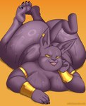 anthro big_butt blep bottom_heavy bracelet butt ear_piercing gold_(metal) gold_bracelet gold_jewelry hairless huge_butt jewelry legs_up male moobs nude obese obese_anthro obese_male overweight overweight_anthro overweight_male piercing purple_body simple_background solo thick_thighs tongue tongue_out yellow_background yellow_eyes wit_1 dragon_ball dragon_ball_super champa domestic_cat felid feline felis hairless_cat mammal sphynx_(cat) absurd_res hi_res