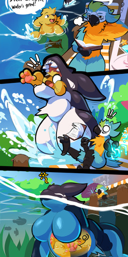 3_panel_comic after_vore ambush anthro beach big_breasts black_body blue_body blue_feathers breasts countershading dialogue digestion docks dockyard duo duo_focus feathers featureless_breasts featureless_crotch female floppy_ears fully_inside fur gooey_digestion green_body green_feathers group magic magic_user male male/female multi_ear nude oral_vore pawpads pink_pawpads reading sighing soft_vore splashing_water surprised swimming text trio umbrella underwater unwilling_prey vore water white_body yellow_body yellow_feathers yellow_fur howzit_toyah mythology howzit_(character) ambient_fish ambient_sealife ara_(genus) avian bird bird_dog blue-and-yellow_macaw canid canine canis cetacean dolphin domestic_dog dragon golden_retriever hunting_dog hybrid macaw mammal marine mythological_creature mythological_scalie neotropical_parrot oceanic_dolphin orca parrot retriever scalie toothed_whale true_parrot 2025 absurd_res comic english_text hi_res
