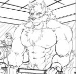 abs anthro biceps big_muscles bottomwear chest_tuft clothed clothing curls exercise fur group male muscular muscular_male nipples obliques pants pecs solo_focus standing topless triceps tuft weightlifting weights workout enaeric otake canid canine canis domestic_dog mammal 2017