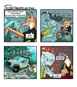 angry anthro black_clothing black_shirt black_topwear blue_clothing blue_shirt blue_topwear bodily_fluids clothing dialogue driving duo fur male mischievous multicolored_body multicolored_fur onomatopoeia orange_body orange_fur pointy_ears power_tool prick_ears profanity rolled_up_sleeves safety_vest shirt sound_effects speech_bubble sweat talking_to_another teeth text tools topwear truck two_tone_body two_tone_fur vehicle vest white_body white_fur working hieronymusjohnson kilo_(hieronymusjohnson) squeez_(hieronymusjohnson) canid canine canis domestic_dog fox mammal nordic_sled_dog samoyed spitz 2026 comic digital_drawing_(artwork) digital_media_(artwork) english_text hi_res