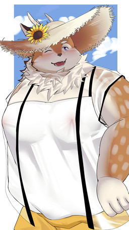 anthro antlers belly blush brown_body brown_fur clothing fur hat headgear headwear horn male markings moobs nipple_outline nipples one_eye_closed overweight solo spots spotted_body spotted_fur straw_hat wink sanhwavtuber tamacolle kazusa deer mammal 9:16 absurd_res hi_res