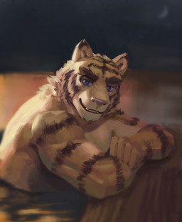 anthro bath bathing blue_eyes brown_body brown_eyebrows brown_fur brown_stripes countershade_arms countershade_face countershade_torso countershading crescent_moon eyebrows fangs fur male moon multicolored_body multicolored_fur muscular muscular_anthro muscular_male night nude open_mouth partially_submerged pink_nose sky smile solo steam striped_body striped_fur stripes tan_body tan_fur teeth tongue water yellow_body yellow_fur kimkemo99 morenatsu torahiko_ooshima felid mammal pantherine tiger 2022 absurd_res colored hi_res