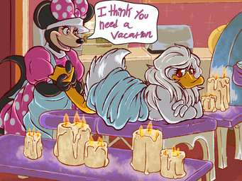 accessory anthro apron avian_butt barefoot bedroom_eyes bow_ribbon breasts candle clothed clothed/nude clothed_female clothing clothing_aside cozy dialogue duo feet female female/female foot_grab foot_rub hair hair_accessory hair_bow hair_ribbon kitchen long_hair massage_table membrane_(anatomy) narrowed_eyes nipples non-mammal_breasts non-mammal_nipples nude nude_female pink_clothing pink_shirt pink_topwear purple_clothing purple_shirt purple_topwear ribbons romantic romantic_couple seductive shirt side_boob smile speech_bubble text toes topwear towel_on_back webbed_feet hirothedragon disney disney_junior mickey_mouse's_mixed-up_adventures mickey_mouse_roadster_racers minnie's_bow-toons daisy_duck minnie_mouse anatid anseriform avian bird duck mammal mouse murid murine rodent 4:3 absurd_res english_text hi_res