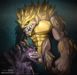 armor balls bodily_fluids cum cum_in_mouth cum_inside cumshot duo ejaculation fellatio genital_fluids genitals glowing glowing_eyes green_eyes leaking_cum male male/male muscular muscular_male nude oral penile penis red_eyes semi-anthro sex submissive submissive_male vein todex activision crash_bandicoot_(series) monster 2015 hi_res watermark