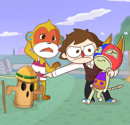 3_toes 4_fingers ambiguous_gender anthro arm_around_shoulders armor arms_bent bent_leg black_bottomwear black_clothing black_eyes black_nose black_pants blue_clothing blue_footwear blue_inner_ear blue_shoes blue_sky bottomless bottomless_anthro bottomless_male bottomwear bridge brown_body brown_clothing brown_fur brown_hair brown_topwear brown_vest building clothed clothed_anthro clothed_human clothed_male clothing cloud day empty_eye_sockets eyes_closed featureless_crotch feet fingers footwear frown frowning_at_another fully_clothed fully_clothed_human fully_clothed_male fur furrowed_brow furrowed_eyebrows gesture grass green_body green_fur green_tail group hair hand_behind_head hand_gesture hard_hat headgear helmet house larger_anthro larger_human larger_male leaning leaning_backward light looking_at_another male male_anthro male_human markings mitten_hands multicolored_body multicolored_fur no_pupils noseless open_frown open_mouth outside pants pattern_clothing pattern_shirt pattern_tank_top pattern_topwear pawpads pink_pawpads pink_tongue plant pointing pointing_at_another purple_clothing purple_shirt purple_stripes purple_tank_top purple_topwear red_mask river rope scared shirt shoes short_hair size_difference sky smaller_ambiguous striped_clothing striped_shirt striped_tank_top striped_topwear stripes tail tan_body tan_skin tank_top thin_eyebrows toes tongue topwear tree triangle_nose two_tone_tail vest water white_clothing white_dress_shirt white_feet white_markings white_shirt white_tank_top white_topwear worried_look yellow_helmet cookieboy011 animal_crossing nintendo lloid_(animal_crossing) simon_(animal_crossing) stinky_(animal_crossing) villager_(animal_crossing) domestic_cat felid feline felis gyroid haplorhine human mammal monkey primate 2021 2d_animation animated colored digital_drawing_(artwork) digital_media_(artwork) english_description frame_by_frame lighting shaded story story_in_description