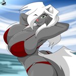 anthro bikini breasts clothing female hair o-ring o-ring_bikini o-ring_bikini_bottom o-ring_bikini_top o-ring_swimwear red_bikini red_clothing red_swimwear smile solo swimwear triangle_bikini two-piece_swimsuit chrisandcompany kelsey_sienna mammal mephitid skunk 1:1 absurd_res hi_res