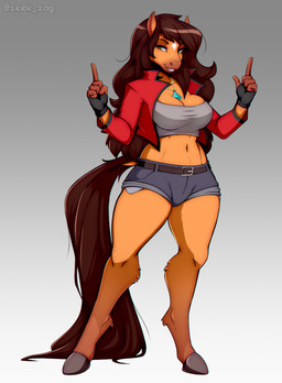 anthro belt bottomwear breasts brown_body brown_fur brown_hair clothed clothing female finger_gun fur gesture gloves green_eyes grin hair hand_gesture handwear hooves hotpants jacket jewelry long_hair midriff navel necklace open_mouth pose shirt shorts simple_background smile solo standing topwear wide_hips zeekzag middy_(midrushnic) equid equine horse mammal 2020 absurd_res digital_media_(artwork) hi_res pinup shaded