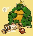 after_sex ball_gag bdsm bodily_fluids clothing crown cum duo erection gag gagged genital_fluids genitals hat headgear headwear male male/male nude penis questionable_consent rape_face auron2006 mario_bros nintendo king_koopa mario human koopa mammal scalie