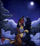 anthro anthrofied duo ear_piercing female female/female full_moon hug licking moon night outside piercing romantic romantic_ambiance romantic_couple sky snow star starry_sky tongue tongue_out blackfury nintendo pokemon canid canine generation_3_pokemon mammal mightyena pokemon_(species) hi_res