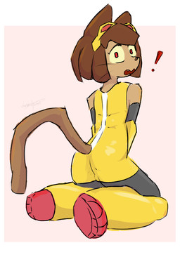 anthro black_clothing brown_body brown_fur brown_hair clothing eyewear fangs female fur goggles hair looking_back red_eyes solo surprised teeth tight_clothing yellow_clothing unnamedpon3 gameoverse glitch_productions kit_bodega felid feline mammal