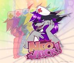 ambiguous_gender anthro blush bodily_fluids clothed clothing colorful_background fur grey_body grey_fur hair happy intersex male nurse_clothing open_mouth purple_eyes purple_hair smile solo sparkles tears text bunkoo halley_labs jack_(neojack) canid canine canis jackal mammal album_cover colorful_theme cover hi_res