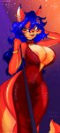 anthro areola big_breasts blue_hair breasts brown_eyes clothing dress ear_piercing ear_ring fangs female fluffy fluffy_tail fur hair multicolored_body multicolored_fur open_mouth open_smile orange_body orange_fur piercing ring_piercing smile solo tail teeth tongue two_tone_body two_tone_fur norakaru sly_cooper_(series) sony_corporation sony_interactive_entertainment sucker_punch_productions carmelita_fox canid canine fox mammal hi_res