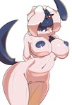 anthro anthrofied areola bangs blush bodily_fluids breasts female fur genital_fluids genitals hair hands_behind_back navel nipples pokemorph pussy solo tail thick_thighs vaginal_fluids wet white_body white_fur white_hair kiyathejackal nintendo pokemon absol generation_3_pokemon pokemon_(species) hi_res