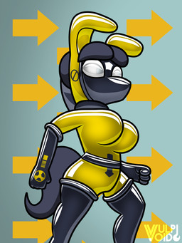 anthro black_latex clothing directional_arrow female gas_mask hazmat_suit latex latex_clothing latex_skinsuit logo mask skinsuit solo tight_clothing yellow_latex vulpivoid toxic_plunge equid equine horse hybrid lagomorph leporid mammal pony rabbit 2025 3:4 artist_logo digital_media_(artwork) hi_res