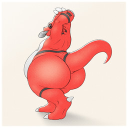 anthro belly big_belly big_butt bread butt claws eating food huge_butt male obese obese_male overweight overweight_male raised_arms rear_view red_body solo stretching thick_thighs white_belly yellow_eyes vetoknox bandai_namco digimon digimon_(species) guilmon scalie 1:1 hi_res