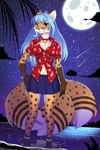 aloha_shirt anthro bell blue_eyes blue_hair blue_nose bottomwear chest_tuft clothing cloud collar eyewear female glasses hair hand_on_hip heterochromia long_hair meteor meteor_shower moon multi_tail night partially_submerged pattern_clothing pattern_shirt pattern_topwear plant pleated_skirt red_eyes shirt shrub skirt sky smile solo star starry_sky tail topwear tree tuft water amberpendant neko_ed canid canine cheetah felid feline fox hybrid mammal 2:3 absurd_res hi_res nonbinary_(lore) trans_(lore) trans_woman_(lore)