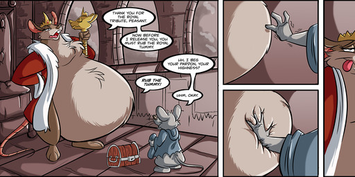 anthro belly belly_rub big_belly blue_gown brown_body brown_fur buckteeth castle clothing coat crown dialogue duo dutch female fur gold_(metal) gown grey_body grey_fur headgear hoodie larger_female male monarch obese obese_anthro obese_female overweight overweight_anthro overweight_female pink_inner_ear queen red_clothing red_coat red_topwear royalty scepter size_difference speech_bubble staff teeth text tiara topwear torn_clothing treasure_chest dutch_(artist) great_queen_rat_(dutch) mammal mouse murid murine rat rodent 2023 comic english_text hi_res