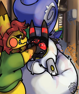 3_toes ambiguous_gender anal anal_vore anthro balls belly black_sclera blue_body blue_fur clothing eyewear eyewear_on_head feet feral fur genitals groan groaning_belly group hair male male/male onomatopoeia partially_inside penetration pikahcu pushing_head pushing_in red_hair red_sclera shirt smile sound_effects sunglasses sunglasses_on_head tail text toes topwear trio vore white_body white_fur fishwithnoeyes nintendo pokemon fan_character lance_(fishwithnoeyes) eeveelution generation_2_pokemon generation_4_pokemon pachirisu pokemon_(species) umbreon hi_res signature