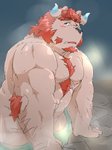 anthro barazoku bathing blush cute_fangs fangs humanoid_hands kemono male slightly_chubby solo teeth water train_(artist) lifewonders tokyo_afterschool_summoners chernobog_(tas) 2018 3:4