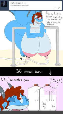 anthro areola big_areola big_breasts big_tail blue_arms blue_body blue_legs blue_skin blue_tail bodily_fluids breast_milking breasts crossed_arms dialogue eyes_closed female female_anthro fin grey_ears hair hanging_breasts huge_areola huge_breasts huge_tail hyper hyper_breasts lactating machine milk milking_machine milking_self nipples nude nude_anthro nude_female pink_areola pink_eyes pink_nipples q&a red_hair resting_head_on_table shark_milk sharp_teeth showing_teeth solo tail talking_to_viewer teeth text tired white_body white_breasts white_skin white_tail shannon_shark_(artist) shannon_shark aquatic carpet_shark fish ginglymostomatid nurse_shark shark absurd_res comic english_text hi_res