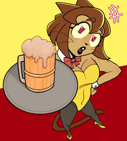 accessory alcohol anthro beer beverage bodysuit brown_body brown_fur brown_hair clothed clothing female footwear fully_clothed fur hair high_heels legwear lipstick makeup necktie pink_eyes playboy_bunny playboy_outfit shoes skinsuit solo standing stockings tight_clothing waiter yeenlidae gameoverse glitch_productions kit_bodega domestic_cat felid feline felis mammal hi_res