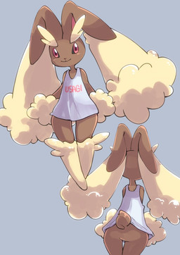 ambiguous_gender anthro bottomless butt clothed clothing featureless_crotch front_view grey_background multiple_angles no_underwear on_model partially_clothed rear_view scut_tail shirt short_tail simple_background solo tail tank_top text text_on_clothing text_on_topwear topwear monuke30 nintendo pokemon generation_4_pokemon lagomorph lopunny mammal pokemon_(species) 2020 digital_media_(artwork)