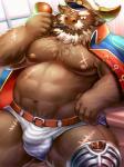 amputee anthro beard belly brown_body brown_fur bulge clothing coat_cape disability eye_scar facial_hair facial_scar fur hat headgear headwear horn humanoid_hands male moobs mustache navel nipples one_eye_closed overweight overweight_anthro overweight_male pipe scar solo underwear wink lako lifewonders tokyo_afterschool_summoners ahab_(tas) bovid bovine mammal true_buffalo water_buffalo 2019 3:4 hi_res