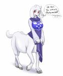 blush clothed clothing dialogue female fur horn long_ears looking_at_viewer open_mouth red_eyes simple_background solo taurification taurified text white_background white_body white_fur thecatnamedfish undertale undertale_(series) toriel boss_monster_(undertale) bovid bovid_taur caprine caprine_taur mammal mammal_taur taur absurd_res english_text hi_res