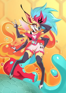 4_arms anthro biped bottomwear claws clothed clothed_anthro clothed_female clothing feet female fingers front_view fully_clothed fully_clothed_anthro fully_clothed_female fur hair looking_at_viewer multi_arm multi_limb simple_background smile solo teeth toes tongue topwear sorafoxyteils hellaverse helluva_boss queen_bee-lzebub_(helluva_boss) canid canine fox mammal 2026 digital_drawing_(artwork) digital_media_(artwork) hi_res