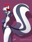 anthro black_nose bra breasts clothed clothing ear_piercing eyewear female glasses halo looking_at_viewer panties piercing skimpy solo tail underwear chalo asphyxia_lemieux mammal mephitid skunk striped_skunk 2010