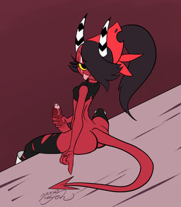 2_horns 4_fingers beckoning black_clothing black_crop_top black_eyebrows black_eyes black_hair black_horn black_legwear black_shirt black_thigh_highs black_topwear bodily_fluids boots bottomless bottomless_gynomorph bottomless_humanoid bottomless_intersex breasts butt clothed clothing crop_top erection eye_scar eyebrow_through_hair eyebrows eyelashes facial_scar fingers footwear foreskin genital_fluids genitals gesture glans gynomorph gynomorph_humanoid hair hair_over_eye half-closed_eyes head_turned headgear headkerchief headwear horn humanoid_genitalia humanoid_penis intersex intersex_humanoid kerchief legwear long_eyelashes long_hair looking_at_viewer multicolored_horn multicolored_penis narrowed_eyes not_furry partially_retracted_foreskin penis pink_glans pink_penis pink_tongue ponytail precum precum_on_penis red_body red_headkerchief red_kerchief red_penis red_skin red_tail scar shirt shoes sitting small_breasts solo spade_tail spread_legs spreading tail thigh_highs tongue tongue_out topwear torn_thigh_highs translucent translucent_hair two_tone_horn two_tone_penis urethra white_boots white_clothing white_footwear white_horn yellow_sclera wayesh hellaverse helluva_boss sallie_may_(helluva_boss) demon demon_humanoid humanoid imp 2023 2025 dated hi_res signature trans_(lore) trans_woman_(lore)