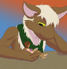 anthro female gentle_giant larger_anthro larger_male macro male micro micro_on_macro simple_background sitting_in_hand size_difference smaller_female smaller_human novarraveditoa the_nature_of_predators alien human mammal venlil_(the_nature_of_predators) absurd_res hi_res