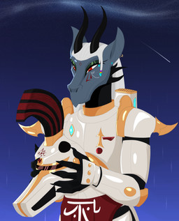 ambiguous_gender anthro armor beak blue_body blue_scales bottomwear cheek_spikes claws clothing couter cuirass cuisse diamond_(gem) ear_piercing ear_ring eyeliner facial_spikes faulds furgonomic_headwear furgonomics gambeson gem gold_(metal) gold_armor green_makeup hair headgear helmet holding_armor holding_headgear holding_helmet holding_object horn jewelry loincloth makeup mascara non-mammal_ears pauldron piercing plackart plume poem_in_description poetry psychic red_armor red_eyes red_face_paint rerebrace ring_piercing scales science_fiction shooting_star silver_(metal) solo space spikes spikes_(anatomy) star symbol unusual_hair vambrace white_armor white_face_paint white_hair davespaceman mythology alien dragon drakorai mythological_creature mythological_scalie scalie absurd_res hi_res