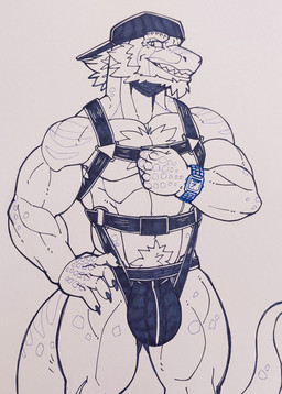 anthro backwards_hat beard bulge clock clothing facial_hair hair hand_on_hip harness hat headgear headwear jockstrap male muscular muscular_anthro muscular_male pose pubes solo tail underwear watch wristwatch cleiarkent tagg dinosaur prehistoric_species reptile saurischian scalie theropod tyrannosaurid tyrannosauroid tyrannosaurus tyrannosaurus_rex absurd_res hi_res pinup traditional_media_(artwork)