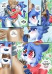 anthro blue_body blue_fur bodily_fluids canid canine canis comic crotch_grab cum cum_in_mouth cum_inside dialogue domestic_dog dru_(toto_draw) duo english_text erection fellatio femboy fox fur genital_fluids genitals grope half-erect humanoid_genitalia humanoid_penis male male/male mammal oral penile penis public red_eyes sex text toto_draw unknown_character wide_hips