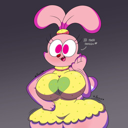 4_fingers abstract_background accessory aged_up anthro big_breasts big_butt bouncing_breasts bouncing_butt breast_jiggle breasts bubble_butt butt butt_from_the_front butt_jiggle clothed clothing curvy_figure dialogue dress eyelashes fangs female fingers fur gesture glistening glistening_body glistening_breasts glistening_fur glistening_legs glistening_nose gradient_background grey_background hair_accessory hair_tie hand_on_hip hand_on_own_hip heart_symbol hourglass_figure huge_breasts huge_butt huge_hips huge_thighs jiggling looking_at_viewer markings motion_lines multicolored_body multicolored_fur open_mouth open_smile outline pink_body pink_eyes pink_fur pink_tongue red_nose shadow sharp_teeth simple_background small_tail small_waist smile solo standing striped_body striped_fur striped_markings striped_tail stripes tail tail_markings talking_to_viewer teeth text thick_thighs tight_clothing tongue waving waving_at_viewer white_body white_fur wide_hips 3barts cartoon_network chowder_(series) panini_(chowder) lagomorph leporid mammal rabbit 1:1 2020 absurd_res digital_media_(artwork) english_text hi_res shaded