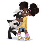 afro_puffs amanda_(amanda_the_adventurer) amanda_the_adventurer anthro black_body black_eyes bottomwear bovid caprine clothed_female clothing dark_hair duo female floppy_ears footwear fur hair hi_res hooved_hands hooves hug hugging_another human krossan_(artist) long_shirt looking_at_another looking_at_viewer male male/female mammal nervous puffy_hair sheep shirt shoes shorts simple_background smile topwear white_background white_body white_fur white_hair white_wool wool_(fur) wooly_(amanda_the_adventurer) wristband