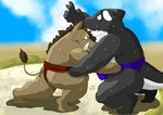 anthro black_body bodily_fluids brown_body brown_fur butt duo fur humanoid_hands kemono male overweight overweight_male sumo sweat white_body raichoclub cetacean dolphin mammal marine oceanic_dolphin orca suid suine sus_(pig) toothed_whale wild_boar 2015